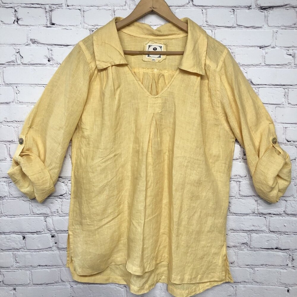 Namsar Yellow 100% Linen Breezy Roll Tab Feminine Girly Resort Blouse Sz L